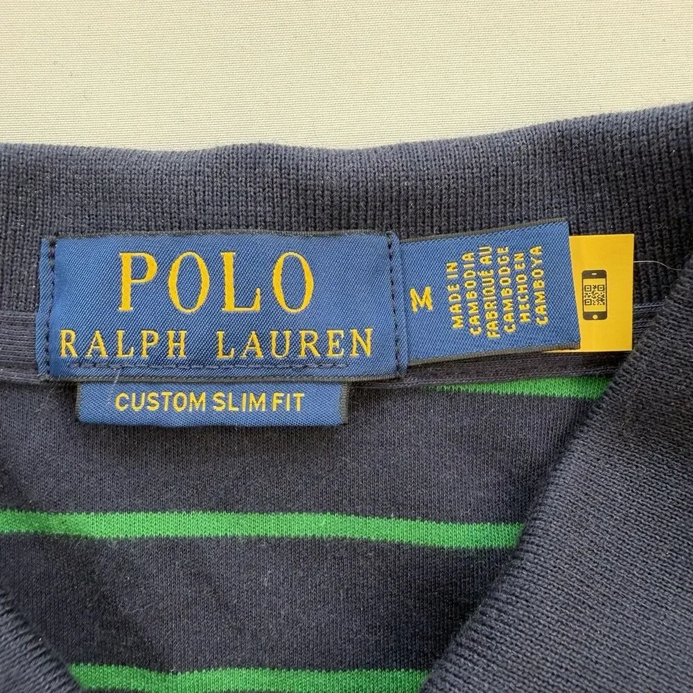 Polo Ralph Lauren Navy Green Striped Polo MEDIUM Custom Slim Fit Cotton Preppy